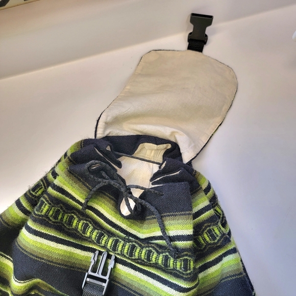 Woven Alpaca Blanket Backpack 💚🖤 Green & Black Design Drawstring Sack Bag Tote - Picture 7 of 11